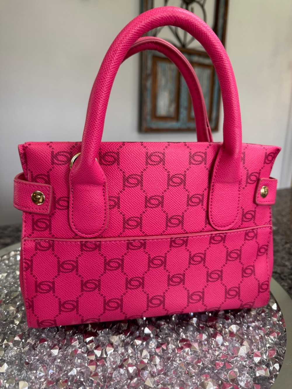 bebe Hot Pink Logo small Satchel with Gold-Tone Hardware and crossbody strap - Picture 6 of 16